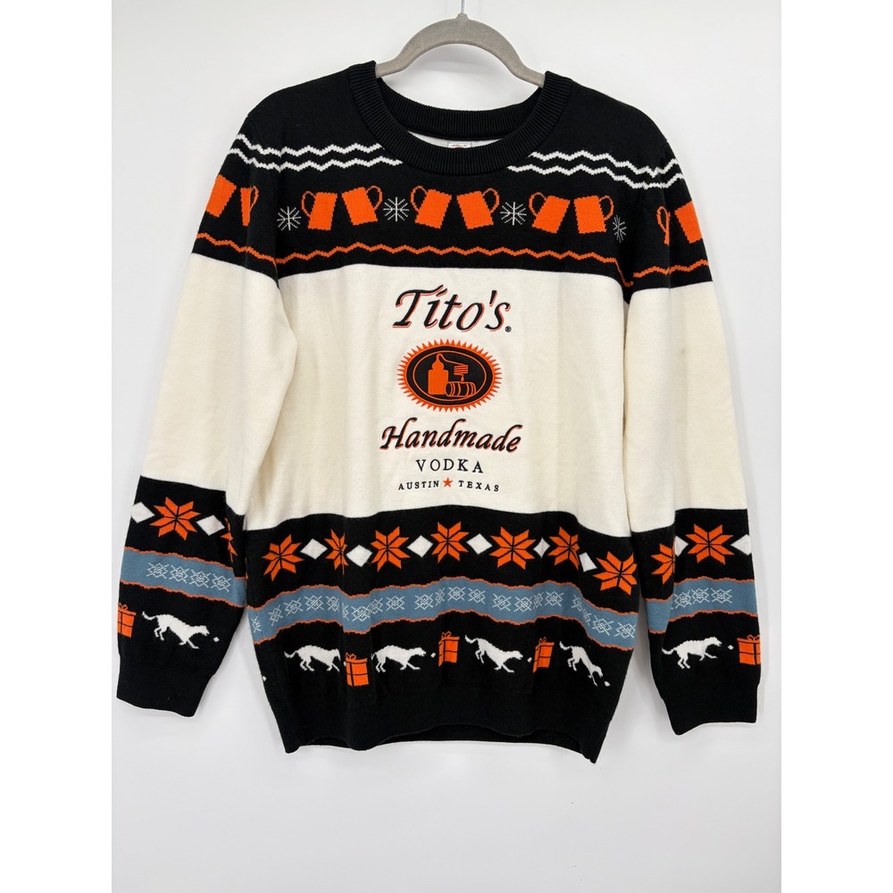Tito's Handmade Vodka Ugly Christmas Sweater Size L Black Orange Holiday Knit